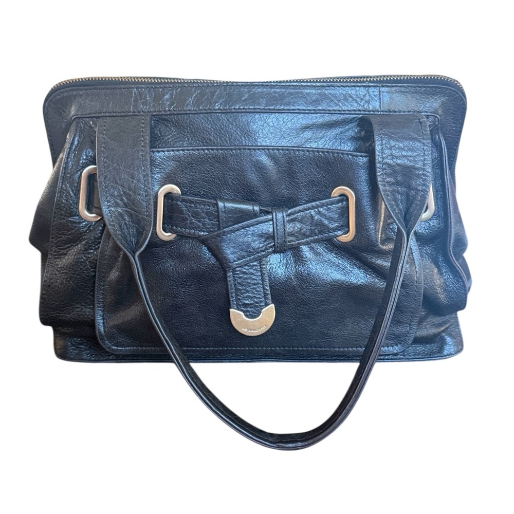 B. Makowsky Black Leather Shoulder Bag Large silver accents Old Money‎ Leopard